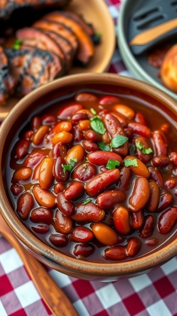 A bowl of smoky barbecue baked beans garnished with herbs, served with grilled meats on a picnic table.